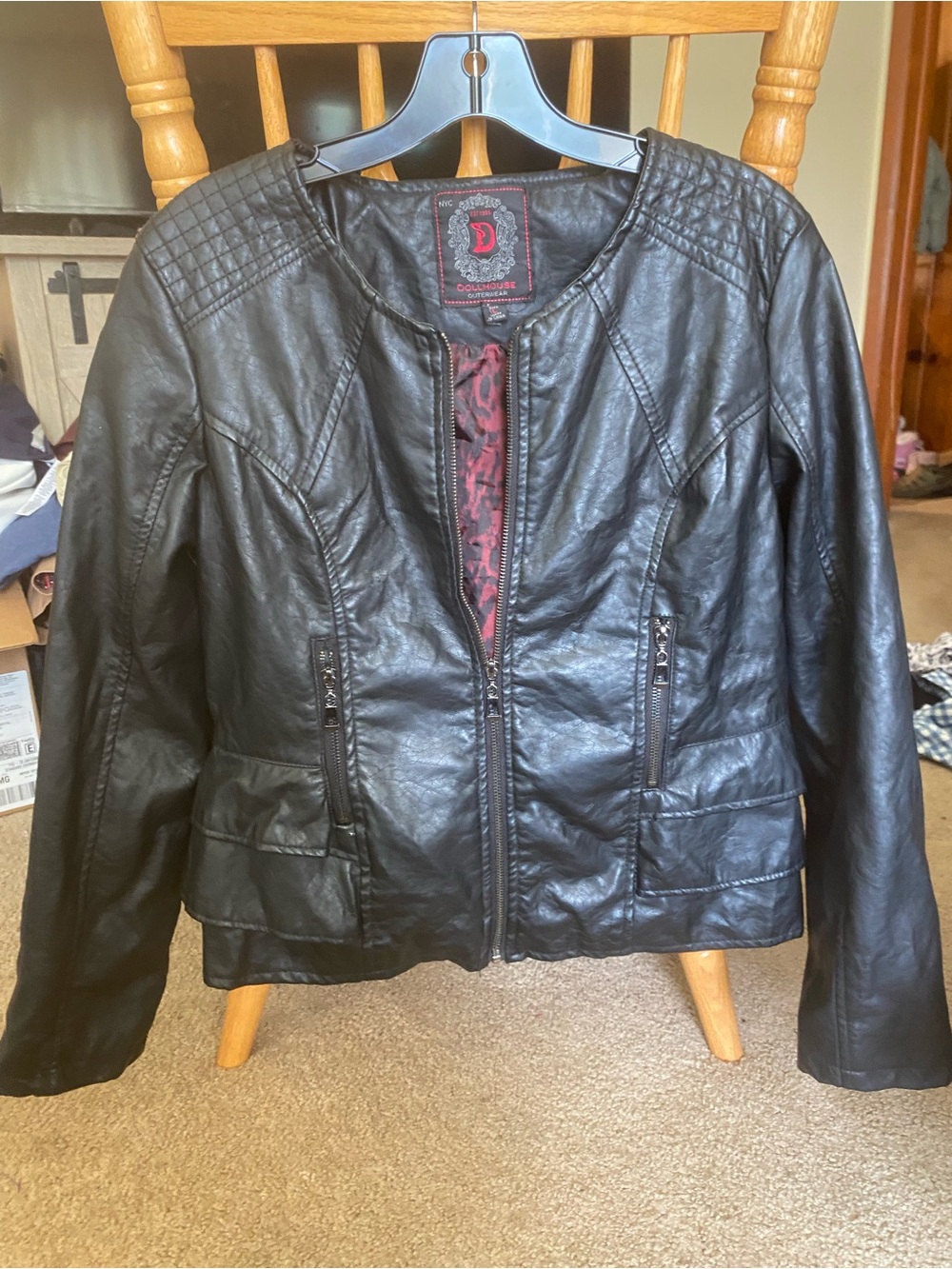 Dollhouse Black Faux Leather Quilted Shoulder Zip Jacket